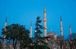 Side view of Blue mosque in Istanbul at sunset, Turkey