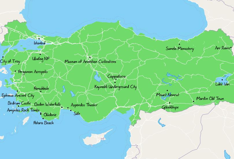 Map of Tourist Attractions in Turkey