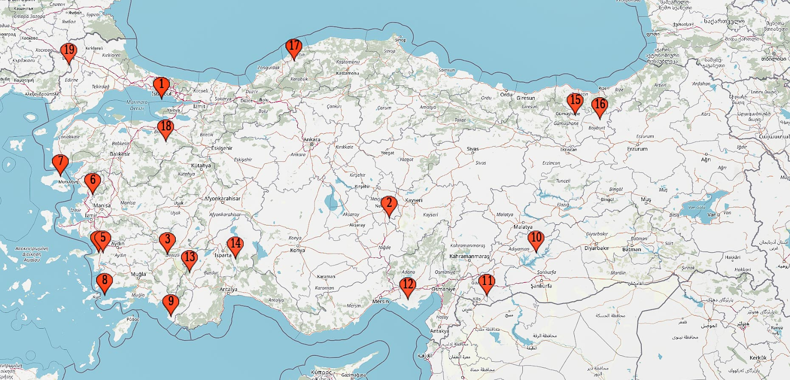 Map of places to visit in Turkey