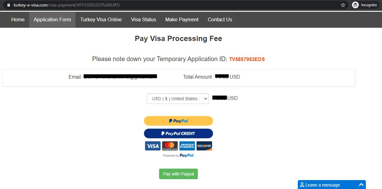 pay Turkey visa processing fee (Turkey Visa Application Form)