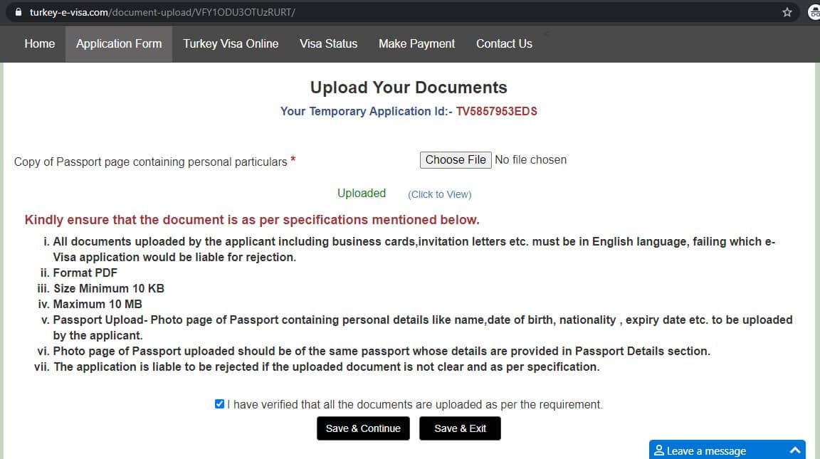 Upload scan copy of passport (Turkey Visa Application Form)